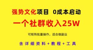 强势文化项目,一个社群收入25个W,0成本启动,可矩阵批量操作,原创详细实操教程-创学笔记