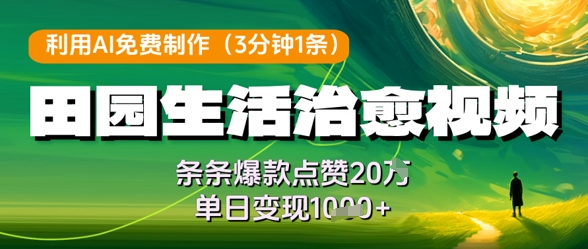 利用AI免费制作田园生活治愈视频，条条爆款点赞20W，单日变现几张-创学笔记