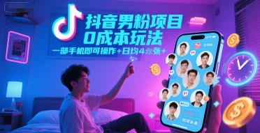 抖音男粉项目0成本玩法，一部手机即可操作，日均4张+，时间自由-创学笔记