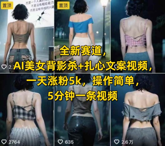 全新赛道，AI美女背影杀+扎心文案视频，一天涨粉5k，操作简单，5分钟一条视频-创学笔记